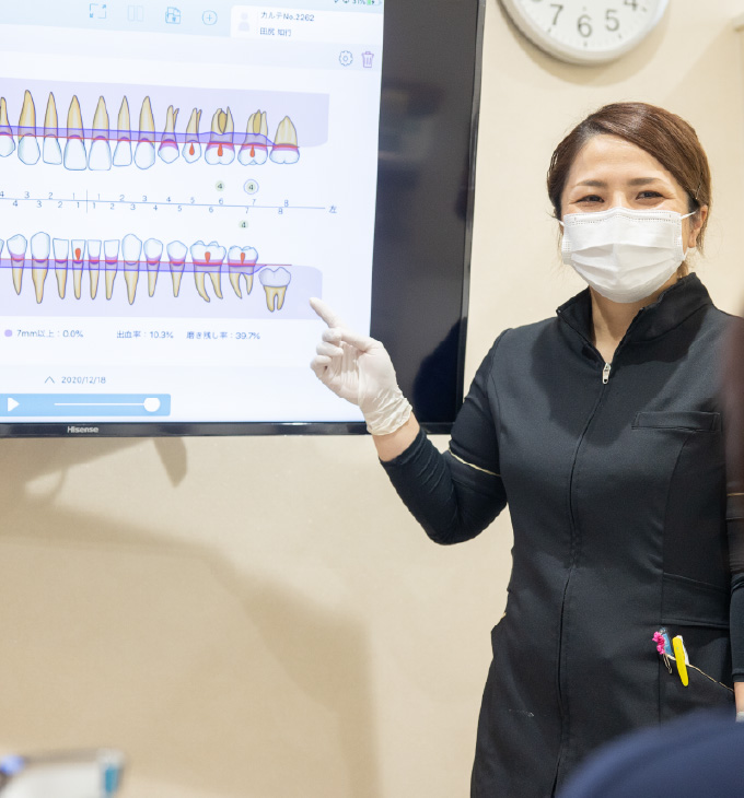 モニターで治療の説明をする歯科衛生士